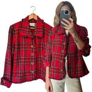 Vintage Red Tweed Plaid Knit Woven Raw Hem Fringe Blazer Jacket Gold Buttons